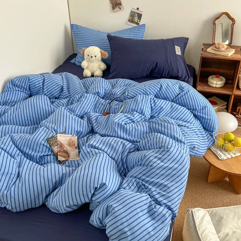 INS Blue Stripe Duvet Cover Set with Washed Cotton Fabric Ð Complete Bedding for Stylish Bedrooms 0