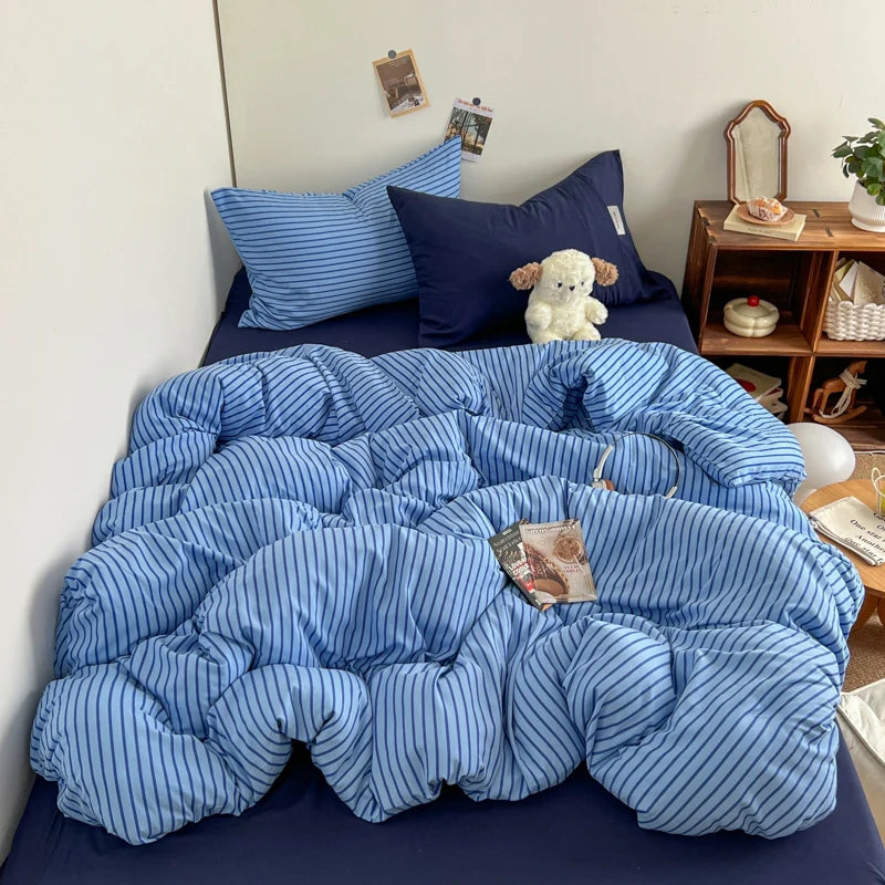 INS Blue Stripe Duvet Cover Set with Washed Cotton Fabric Ð Complete Bedding for Stylish Bedrooms 1