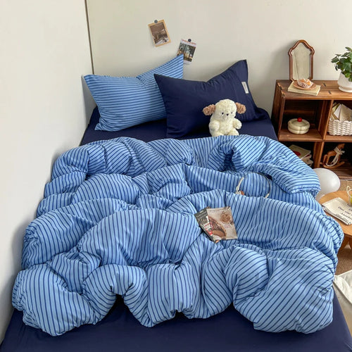 INS Blue Stripe Duvet Cover Set with Washed Cotton Fabric Ð Complete Bedding for Stylish Bedrooms 1