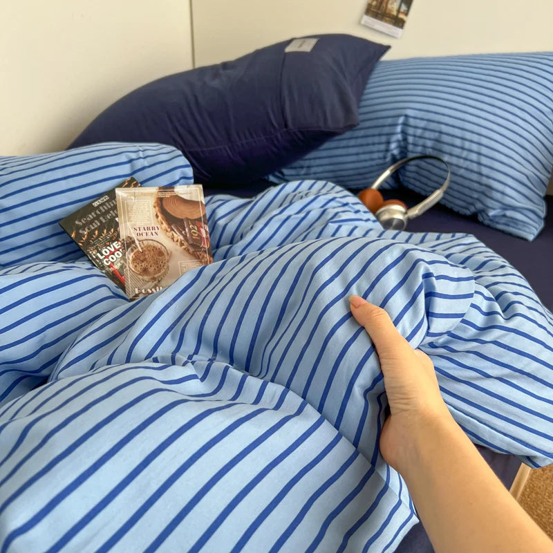 INS Blue Stripe Duvet Cover Set with Washed Cotton Fabric Ð Complete Bedding for Stylish Bedrooms 2