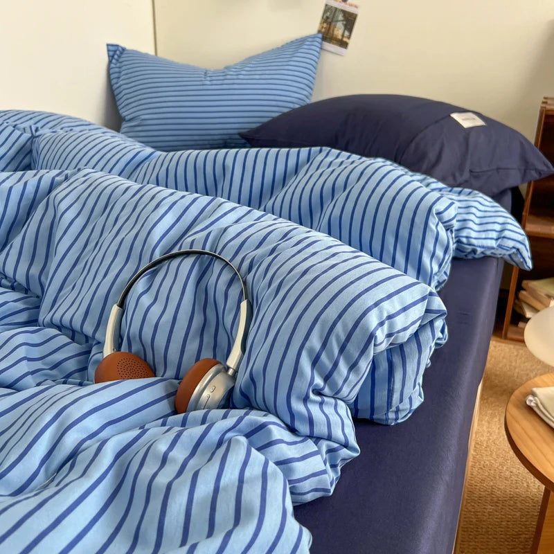 INS Blue Stripe Duvet Cover Set with Washed Cotton Fabric Ð Complete Bedding for Stylish Bedrooms 4