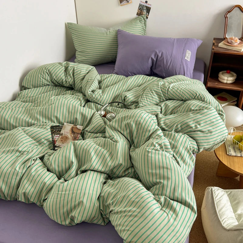 INS Blue Stripe Duvet Cover Set with Washed Cotton Fabric Ð Complete Bedding for Stylish Bedrooms 8