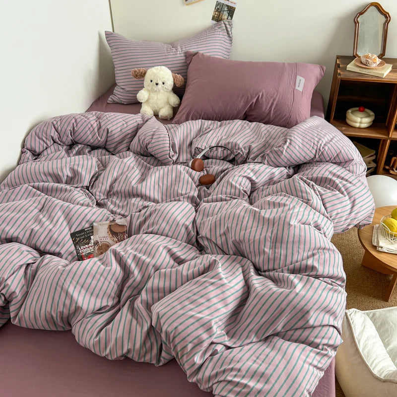 INS Blue Stripe Duvet Cover Set with Washed Cotton Fabric Ð Complete Bedding for Stylish Bedrooms 9