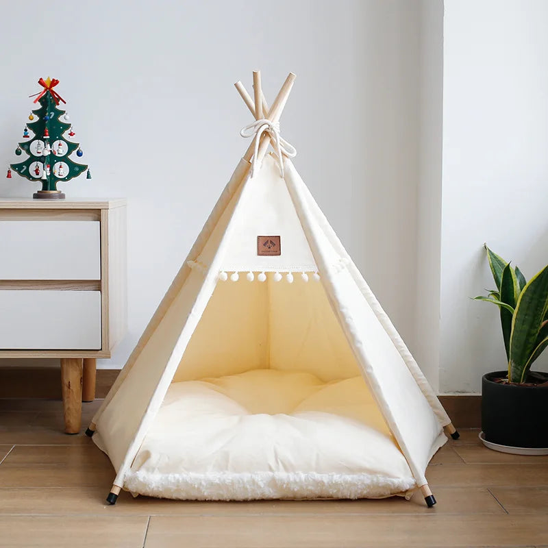Cozy indoor canvas dog bed teepee tent featuring a thick cushion for comfort. The stylish design includes a neutral color palette, perfect for any decor. 0