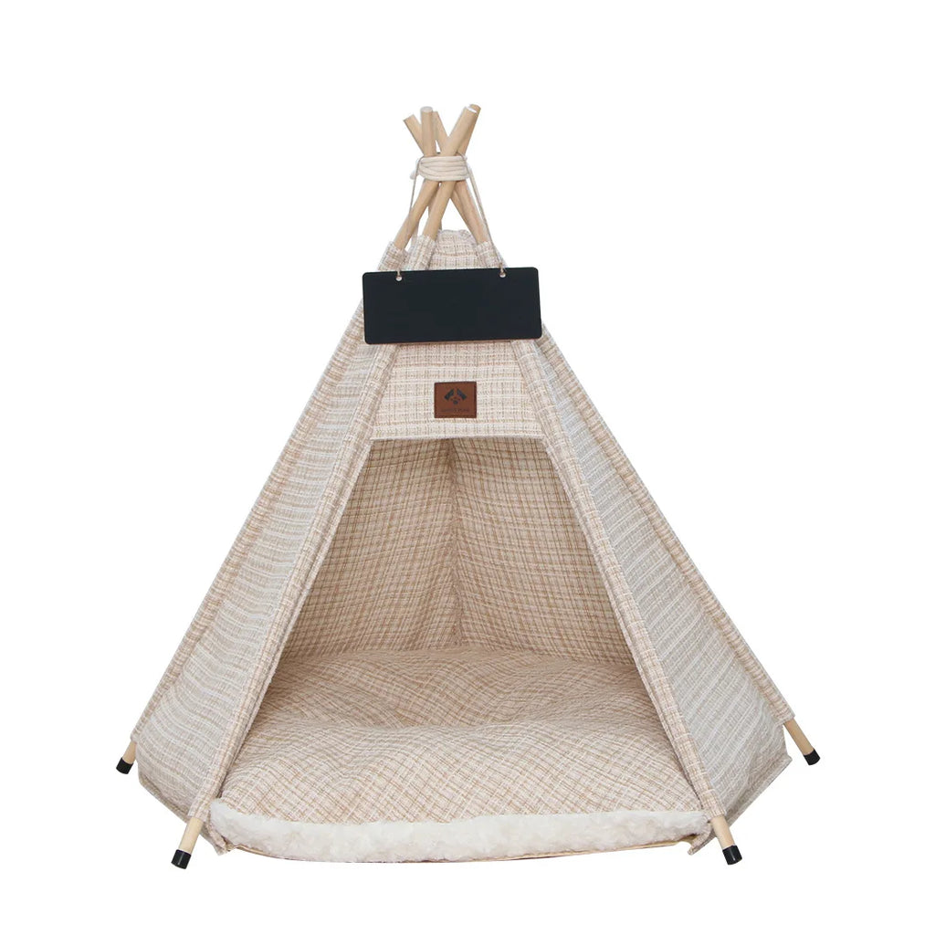 Cozy indoor canvas dog bed teepee tent in soft gray, featuring a thick removable cushion for comfort. Stylish design with a playful pattern, perfect for 11