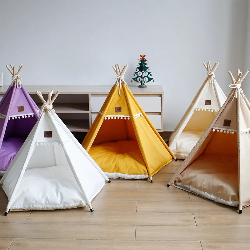 Cozy indoor canvas dog bed teepee tent featuring a thick cushion for comfort. Made from durable, washable fabric in a stylish neutral color, perfect for 3