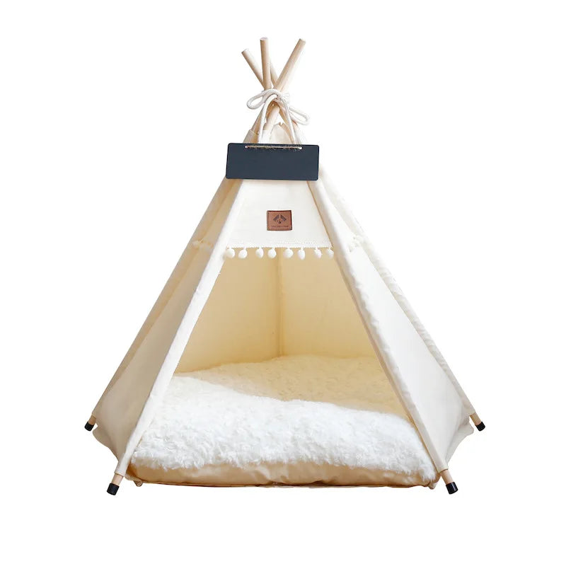 Cozy indoor canvas dog bed teepee tent in soft gray, featuring a thick cushion for comfort. The washable fabric ensures easy maintenance, while the stylish 6