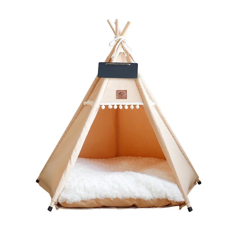 Indoor canvas dog bed teepee tent featuring a thick, plush cushion for comfort. The stylish design is in a natural beige color, perfect for any home 7