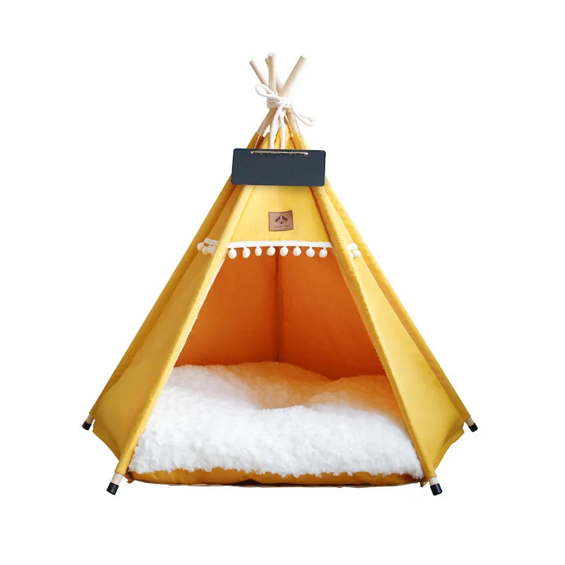 Cozy indoor canvas dog bed teepee tent in a stylish neutral color, featuring a thick cushion for comfort. The washable fabric ensures easy maintenance, providing 8