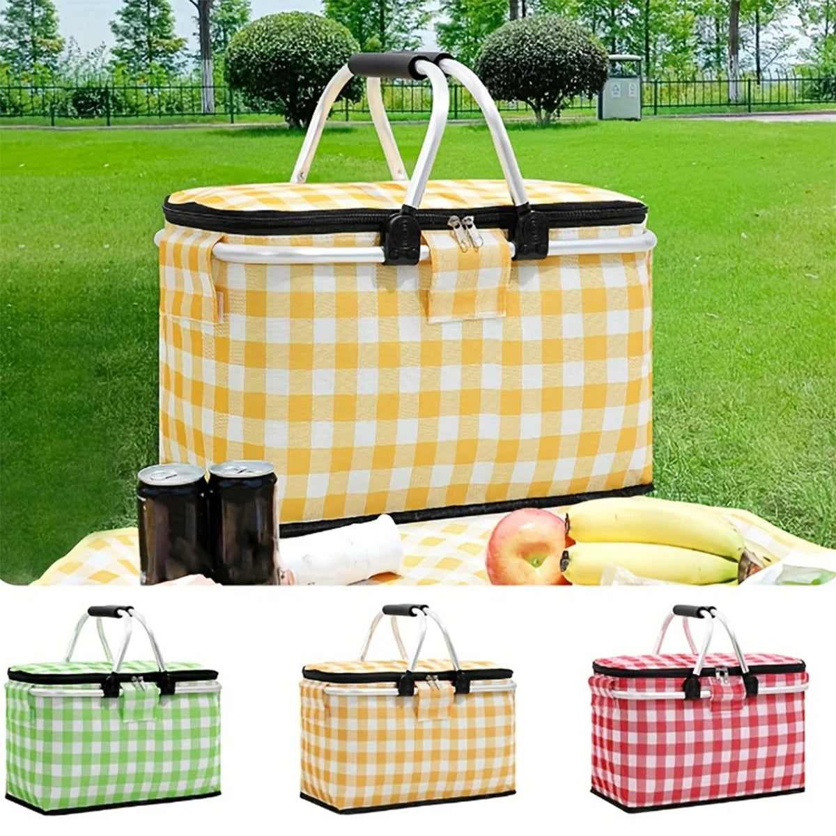 Insulated Picnic Basket Cooler - Foldable Handheld Design, Spacious 15.7x9.1x7.9 Inches for Outdoor Use 0