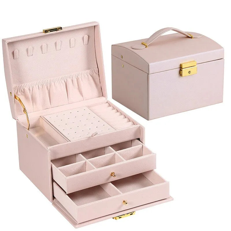 Elegant jewelry box for women made of soft velvet, featuring three spacious drawers for organized storage. The rich burgundy color adds a touch of luxury, while 2