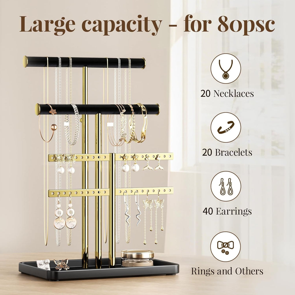 Elegant black and gold adjustable jewelry organizer stand made of soft velvet. It features multiple tiers for efficient storage, keeping necklaces, earrings, and rings neatly arranged 1