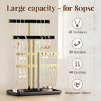 Elegant black and gold adjustable jewelry organizer stand made of soft velvet. It features multiple tiers for efficient storage, keeping necklaces, earrings, and rings neatly arranged 1