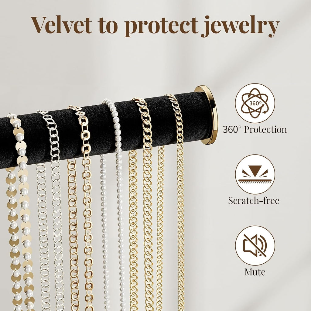 Elegant black and gold adjustable jewelry organizer stand made of soft velvet. It features multiple tiers for efficient storage, keeping necklaces, earrings, and rings neatly arranged 2