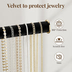 Elegant black and gold adjustable jewelry organizer stand made of soft velvet. It features multiple tiers for efficient storage, keeping necklaces, earrings, and rings neatly arranged 2
