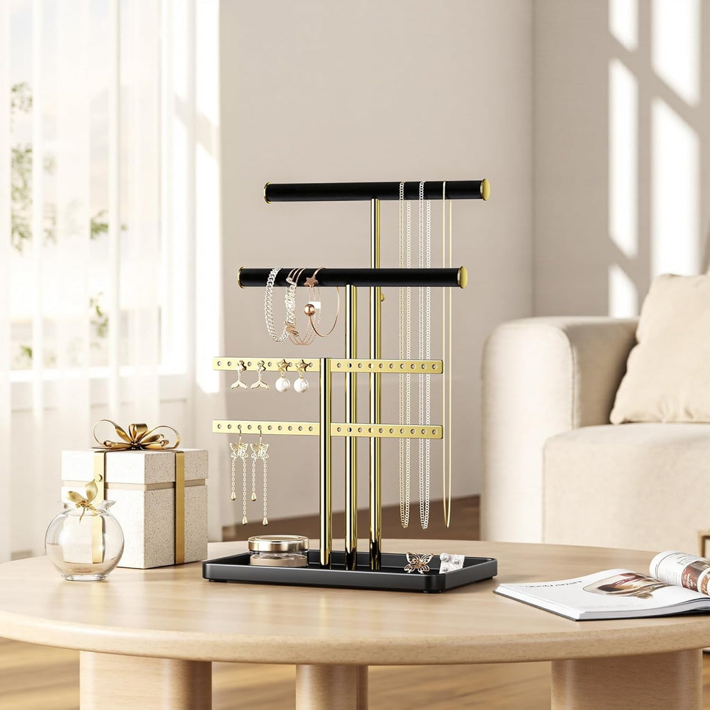 Elegant black and gold adjustable jewelry organizer stand made of soft velvet. It features multiple tiers for efficient storage, keeping necklaces, earrings, and rings neatly arranged 3