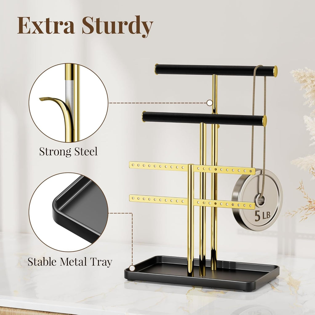 Elegant black and gold adjustable jewelry organizer stand made of soft velvet. It features multiple tiers for efficient storage, keeping necklaces, earrings, and rings neatly arranged 4
