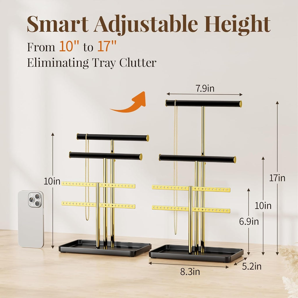 Elegant black and gold adjustable jewelry organizer stand made of soft velvet. It features multiple tiers for efficient storage, keeping necklaces, earrings, and rings neatly arranged 5