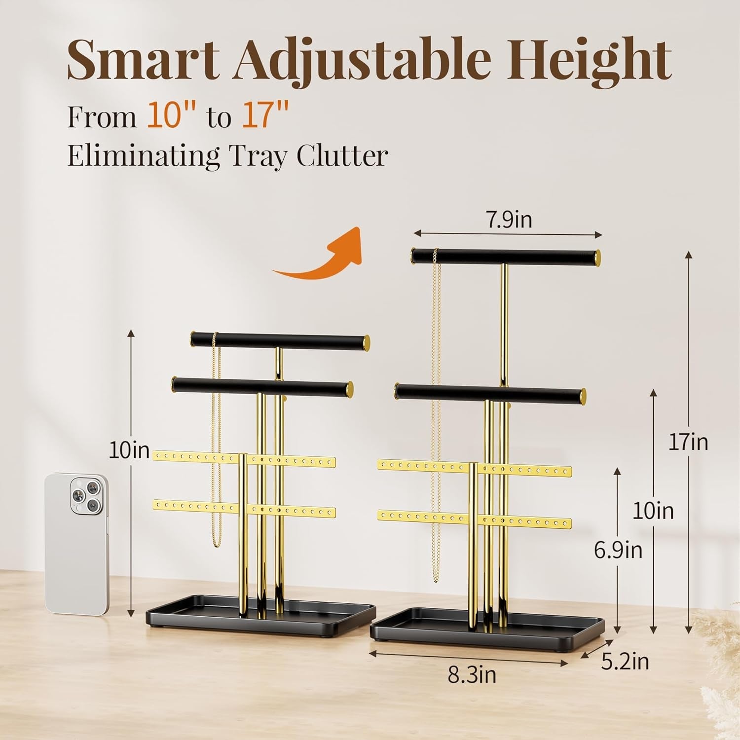 Elegant black and gold adjustable jewelry organizer stand made of soft velvet. It features multiple tiers for efficient storage, keeping necklaces, earrings, and rings neatly arranged 5