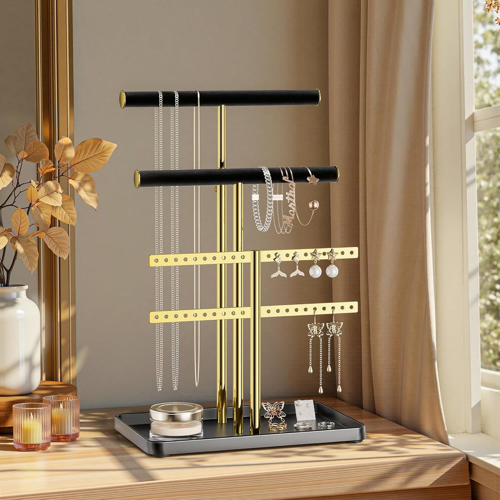 Elegant black and gold adjustable jewelry organizer stand made of soft velvet. It features multiple tiers for efficient storage, keeping necklaces, earrings, and rings neatly arranged 6