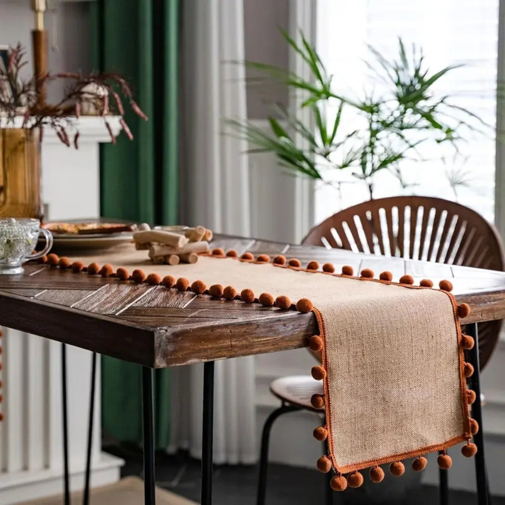 Jute table runner – Durable material – Vibrant orange pom-poms – Bohemian style for dining or living room décor 2