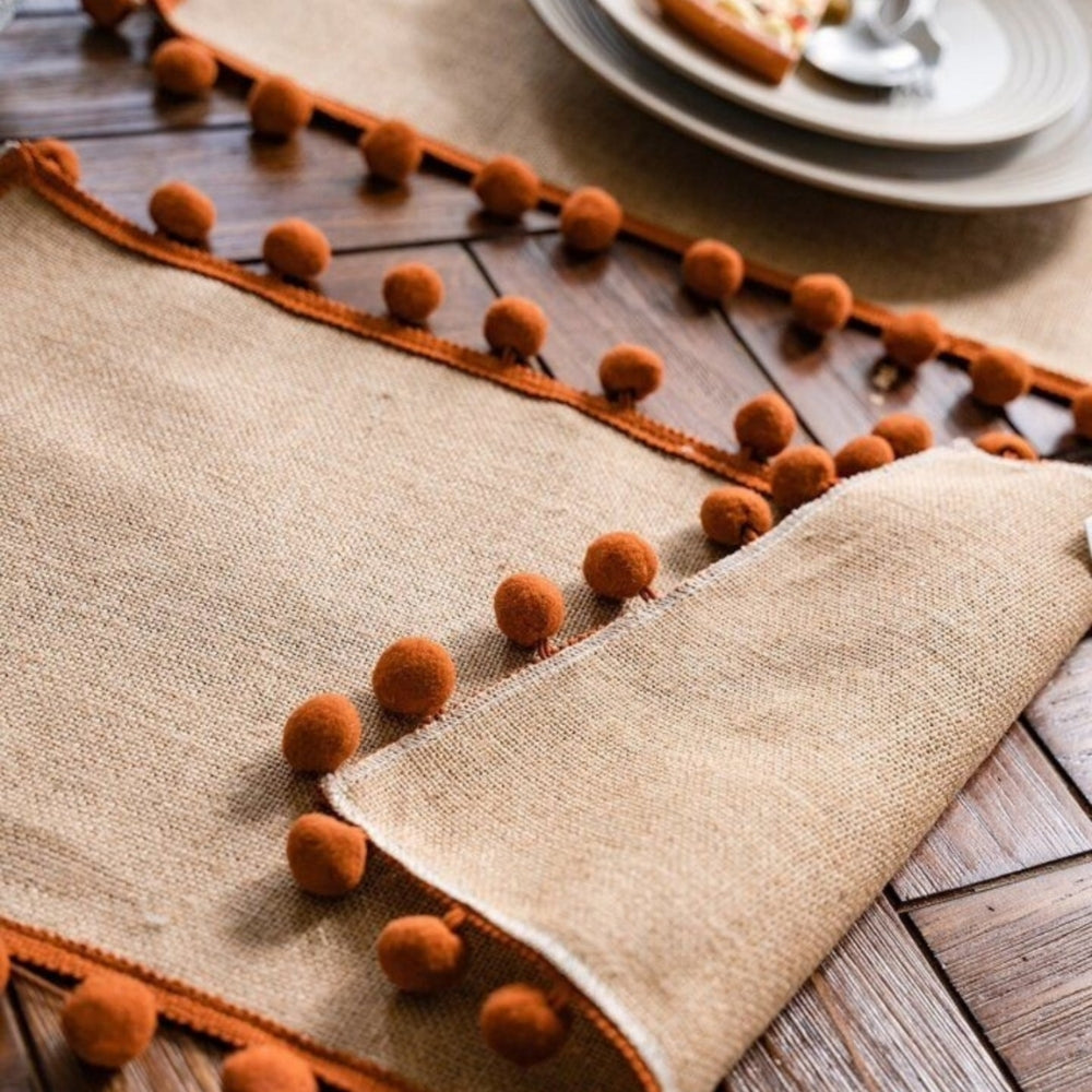 Jute table runner – Durable material – Vibrant orange pom-poms – Bohemian style for dining or living room décor 3