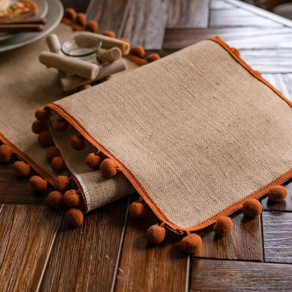 Jute table runner – Durable material – Vibrant orange pom-poms – Bohemian style for dining or living room décor 4