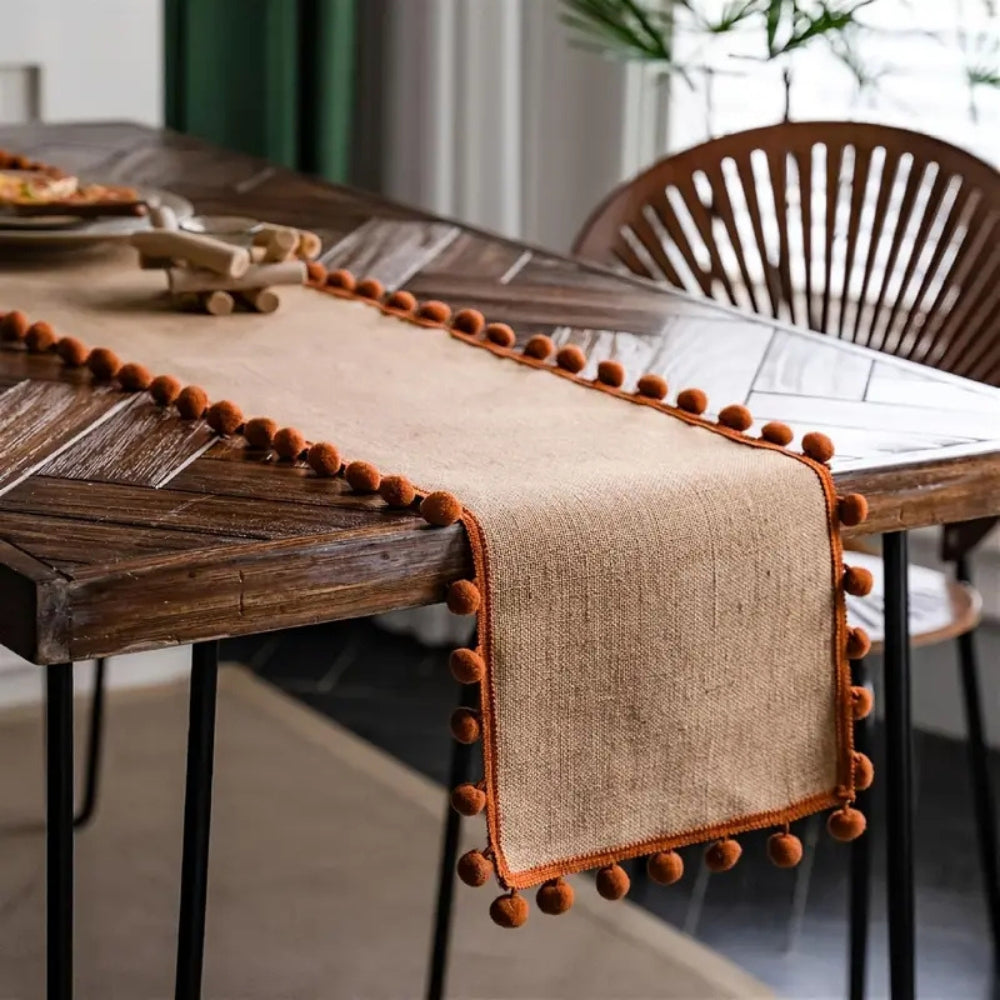 Jute table runner – Durable material – Vibrant orange pom-poms – Bohemian style for dining or living room décor 5