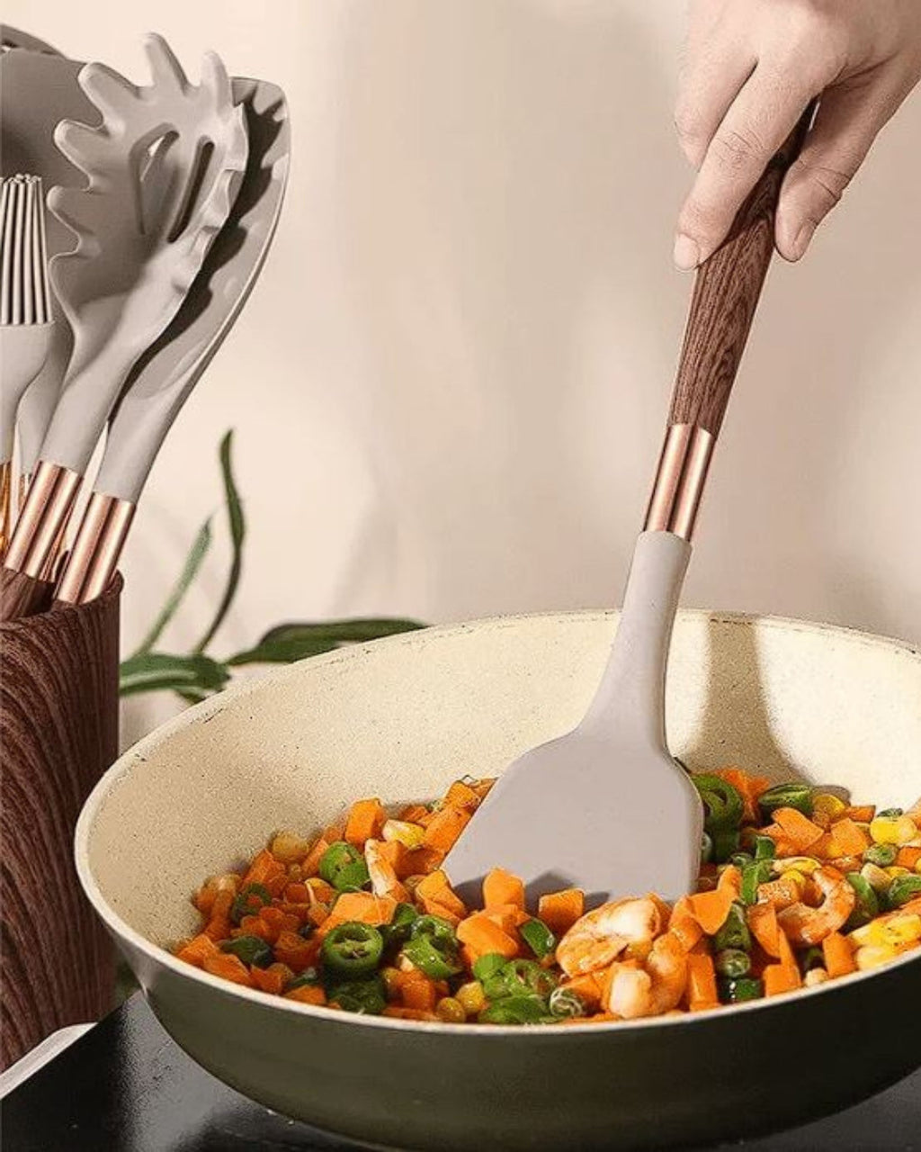 Kitchen utensil set – 11-piece silicone cooking utensils – Imitation wood grain handles – Heat-resistant and non-stick 2