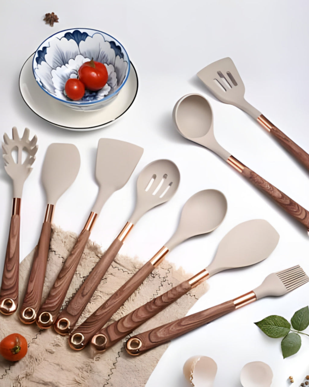 Kitchen utensil set – 11-piece silicone cooking utensils – Imitation wood grain handles – Heat-resistant and non-stick 4