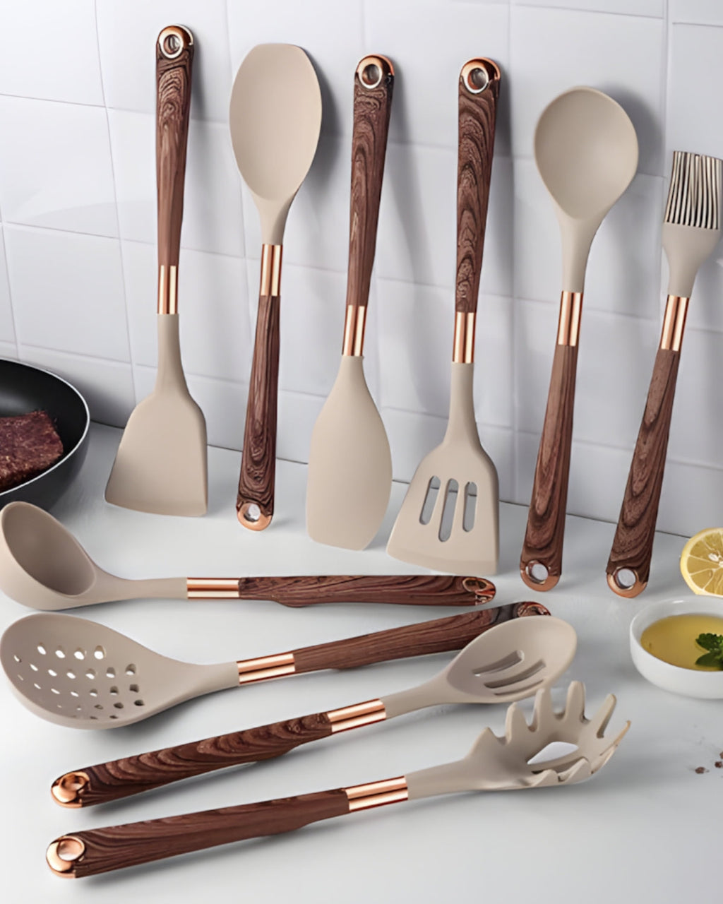 Kitchen utensil set – 11-piece silicone cooking utensils – Imitation wood grain handles – Heat-resistant and non-stick 5
