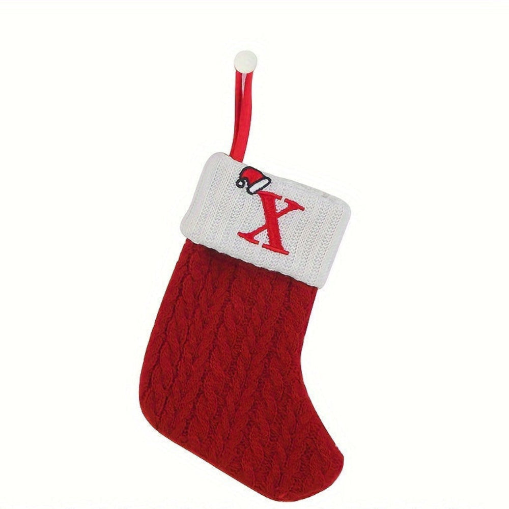 Knit monogram personalized Christmas stocking in festive red with white lettering. Classic knit texture adds warmth, perfect for holiday decor. Ideal for hanging by the 18