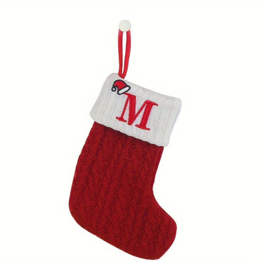 Knit monogram personalized Christmas stocking in festive red with white lettering. Classic knit texture adds warmth, perfect for holiday decor. Ideal for hanging by the 20