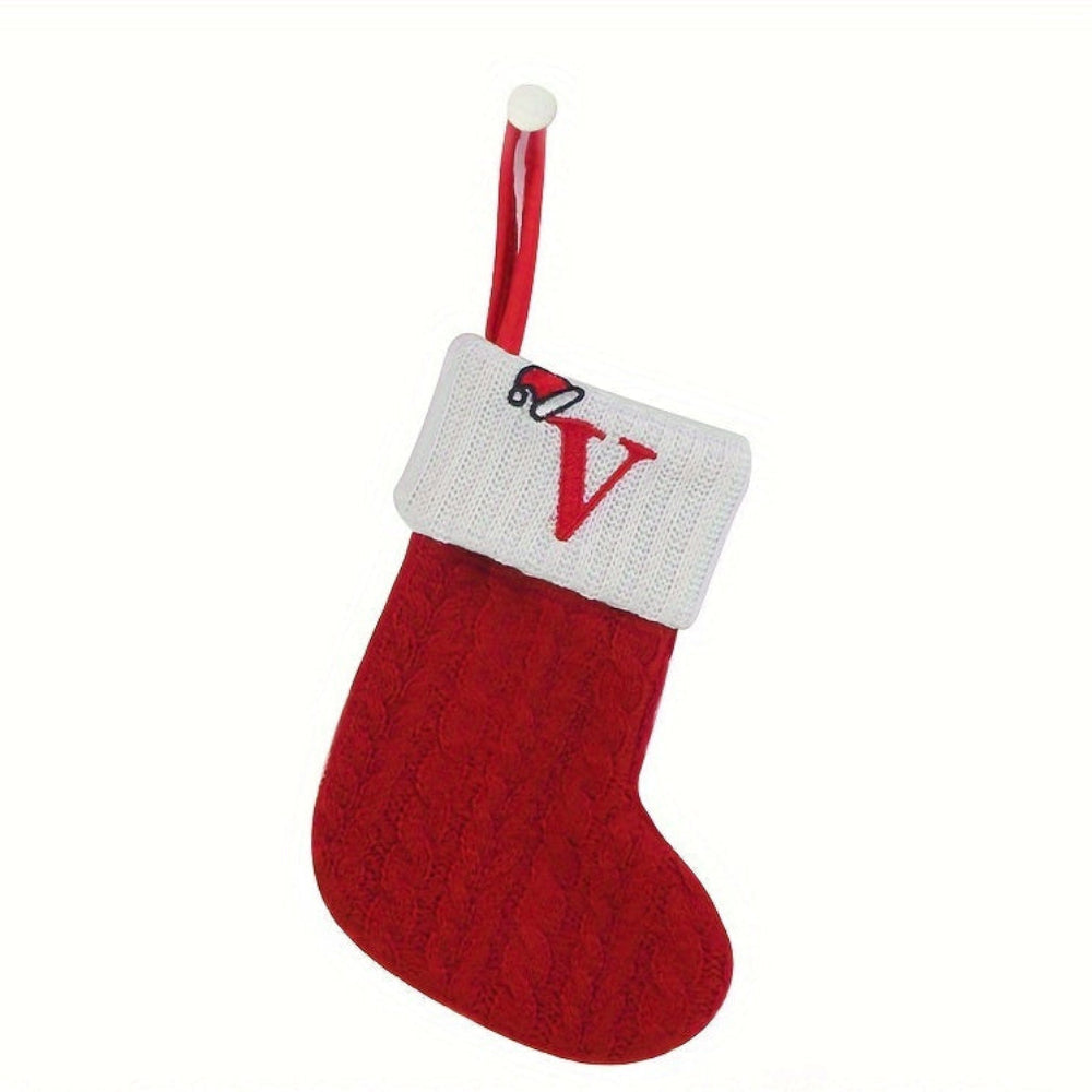 Knit monogram personalized Christmas stocking in festive red with white lettering. Classic knit texture adds warmth, perfect for holiday decor. Ideal for hanging by the 24