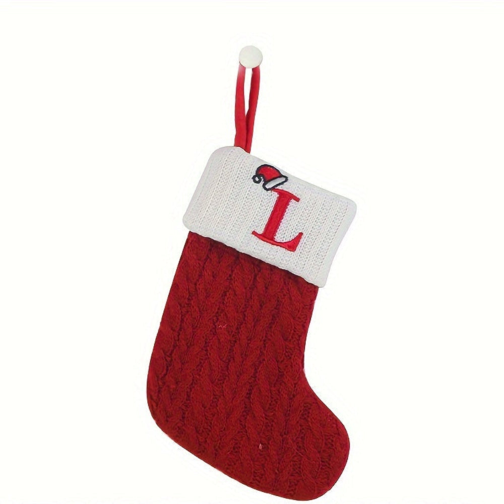 Knit monogram personalized Christmas stocking in festive red with white lettering. Classic knit texture adds warmth, perfect for holiday decor. Ideal for hanging by the 27
