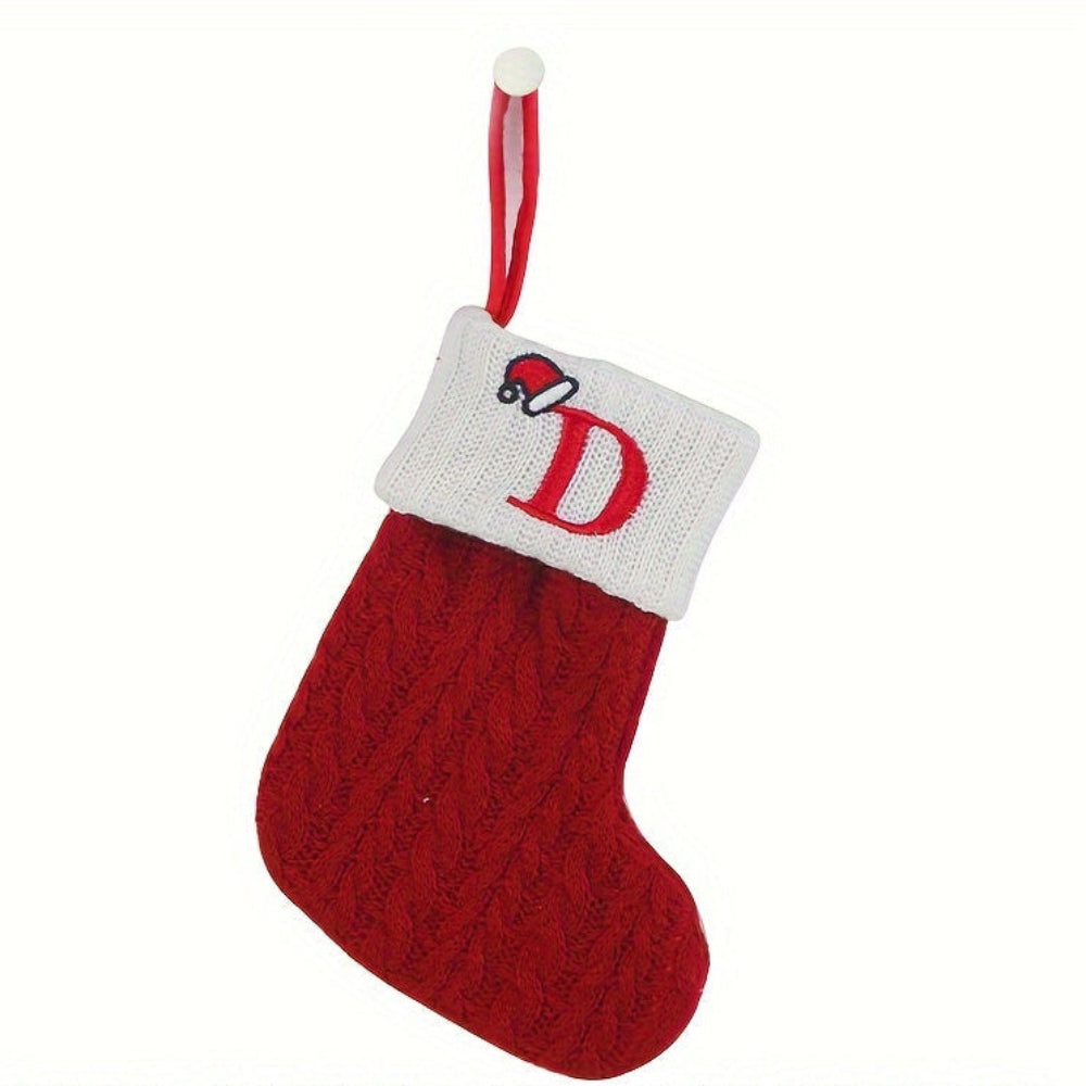 Knit monogram personalized Christmas stocking in festive red with white lettering. Classic knit texture adds warmth, perfect for holiday decor. Ideal for hanging by the 3