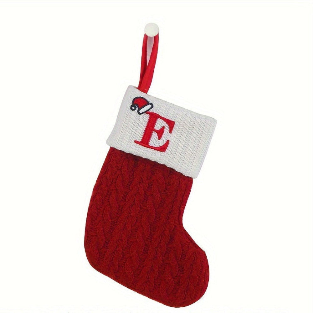 Knit monogram personalized Christmas stocking in festive red with white lettering. Classic knit texture adds warmth, perfect for holiday decor. Ideal for hanging by the 4