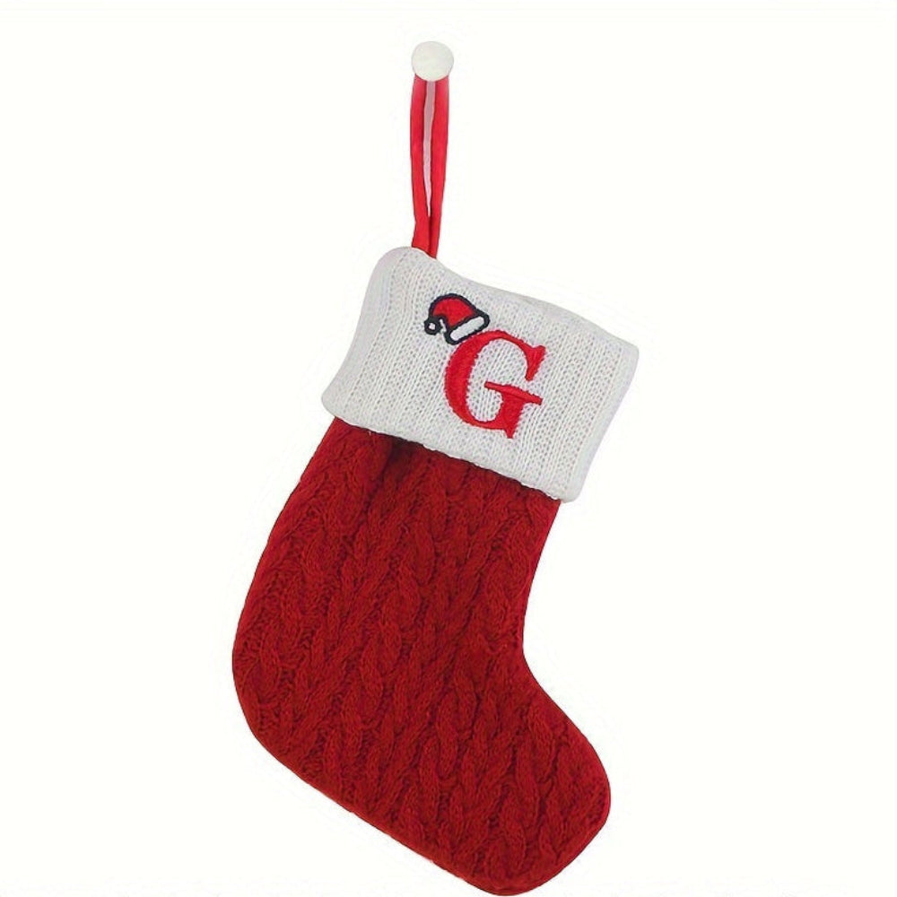 Knit monogram personalized Christmas stocking in festive red with white lettering. Classic knit texture adds warmth, perfect for holiday decor. Ideal for hanging by the 6