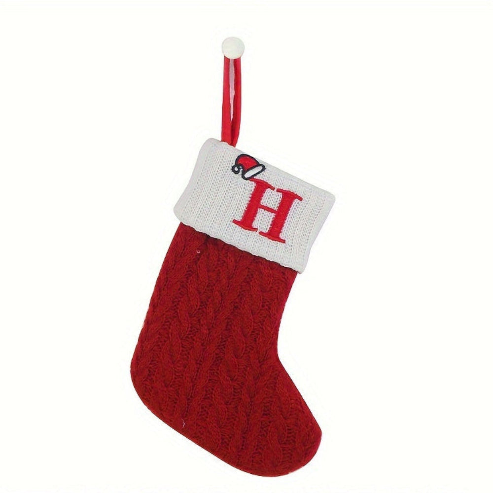Knit monogram personalized Christmas stocking in festive red with white lettering. Classic knit texture adds warmth, perfect for holiday decor. Ideal for hanging by the 7