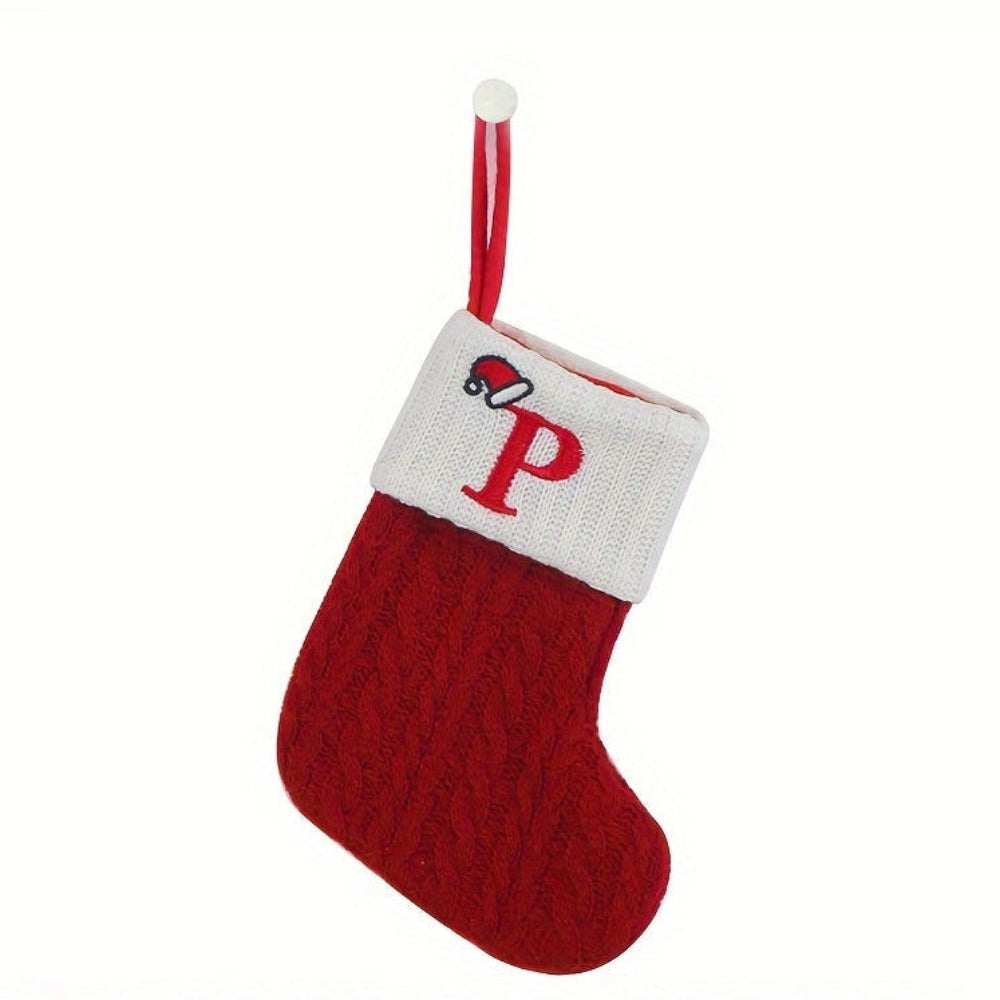 Knit monogram personalized Christmas stocking in festive red with white lettering. Classic knit texture adds warmth, perfect for holiday decor. Ideal for hanging by the 9