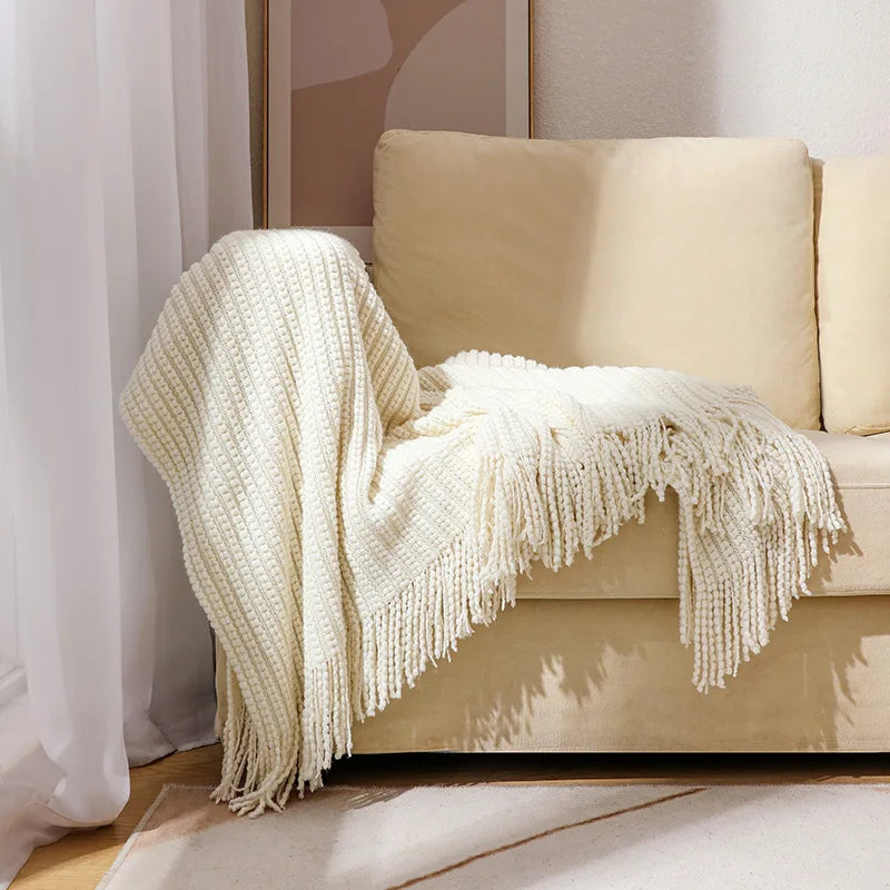 Knitted blanket – Soft acrylic – Solid color with fringe – Bohemian home decor accessory 0