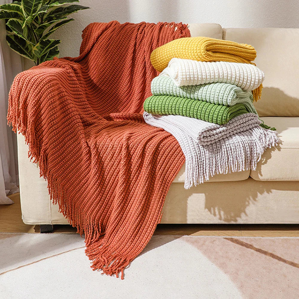 Knitted blanket – Soft acrylic – Solid color with fringe – Bohemian home decor accessory 1
