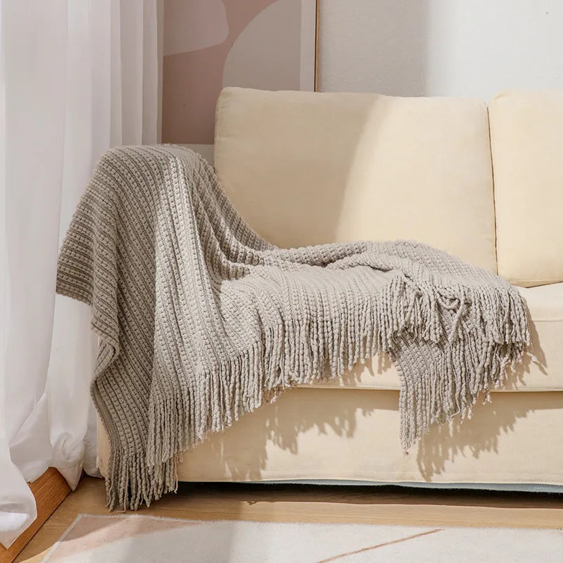 Knitted blanket – Soft acrylic – Solid color with fringe – Bohemian home decor accessory 10