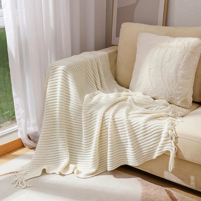 Knitted blanket – Soft acrylic – Solid color with fringe – Bohemian home decor accessory 2