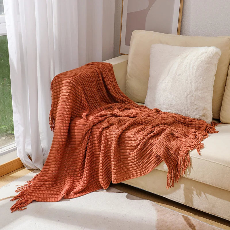 Knitted blanket – Soft acrylic – Solid color with fringe – Bohemian home decor accessory 3