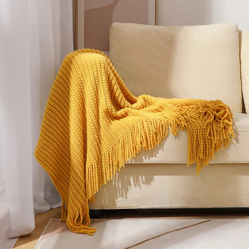 Knitted blanket – Soft acrylic – Solid color with fringe – Bohemian home decor accessory 5