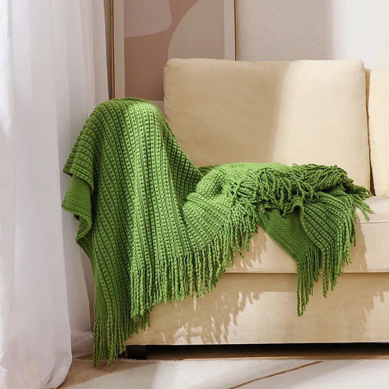 Knitted blanket – Soft acrylic – Solid color with fringe – Bohemian home decor accessory 7