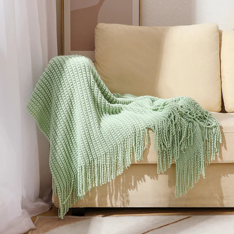 Knitted blanket – Soft acrylic – Solid color with fringe – Bohemian home decor accessory 8