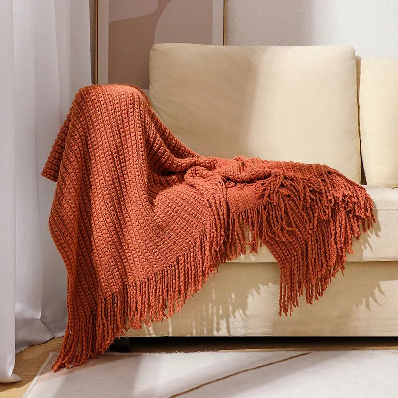 Knitted blanket – Soft acrylic – Solid color with fringe – Bohemian home decor accessory 9