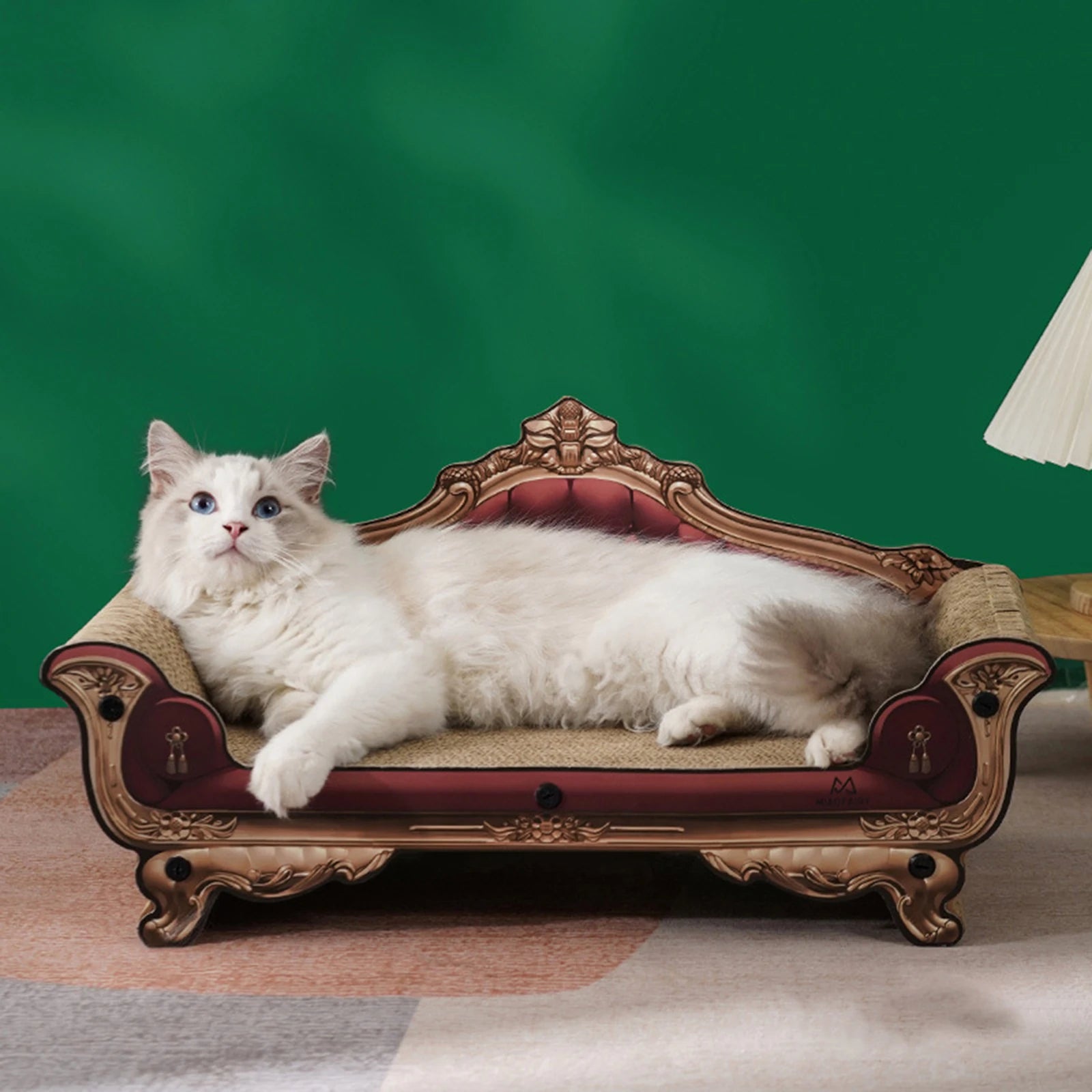Large cardboard cat scratcher sofa bed in a modern design, featuring a natural cardboard finish. This stylish multi-functional lounge offers a cozy spot for cats to 0